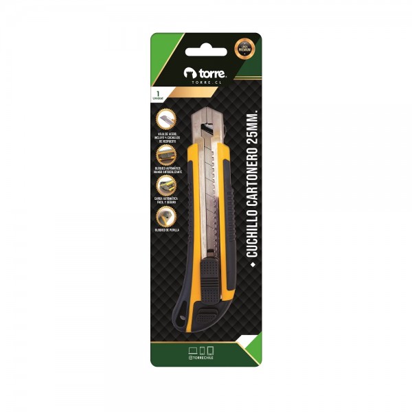 CUCHILLO CARTONERO GRANDE 25 MM ANTIDESLIZANTE Y SEGURO, GUIA LARGA