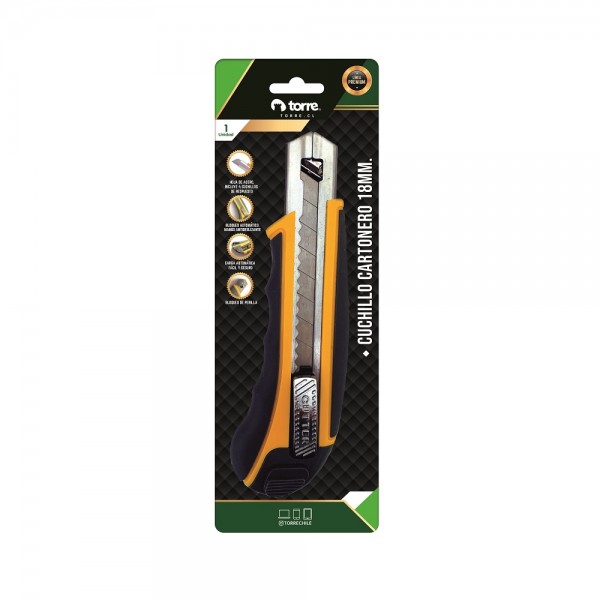 CUCHILLO CARTONERO GRANDE 18 MM ANTIDESLIZANTE Y SEGURO, GUIA LARGA