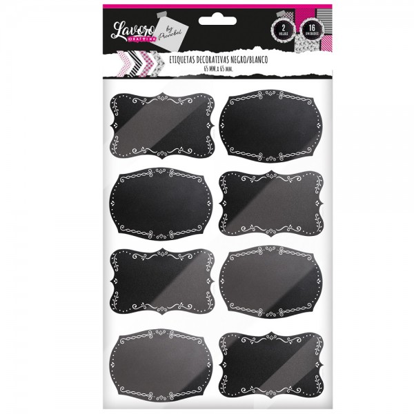 ETIQUETA DECORATIVA 65 MM x 45 NEGRO/BLANCO 2 HOJAS 16 UN