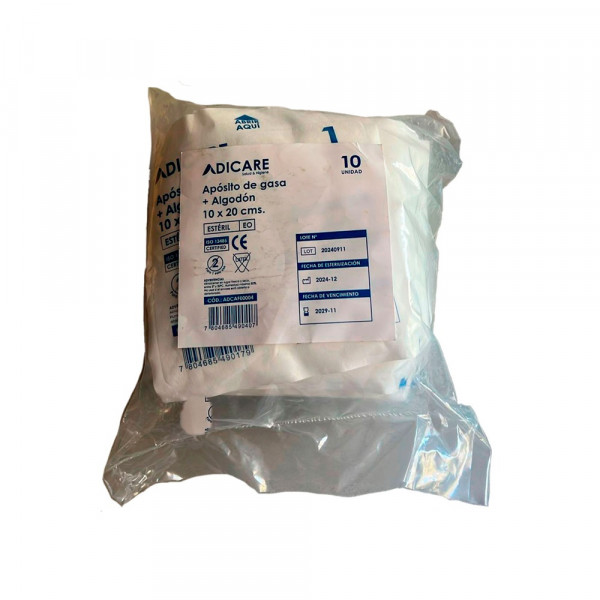 APOSITO DE GASA TEJIDA ALGODON ESTERILIZADA 10X20 CM BOLSA 10 UN