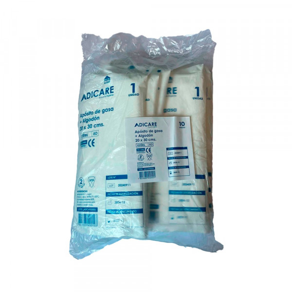 APOSITO DE GASA TEJIDA ALGODON ESTERILIZADA 20X30 CM BOLSA 10 UN