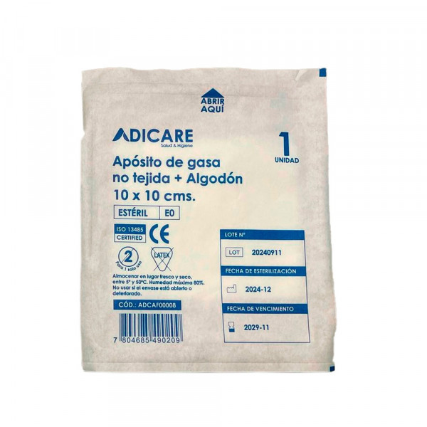 APOSITO DE GASA NO TEJIDA ALGODON ESTERILIZADA 10X10 CM BOLSA 10 UN