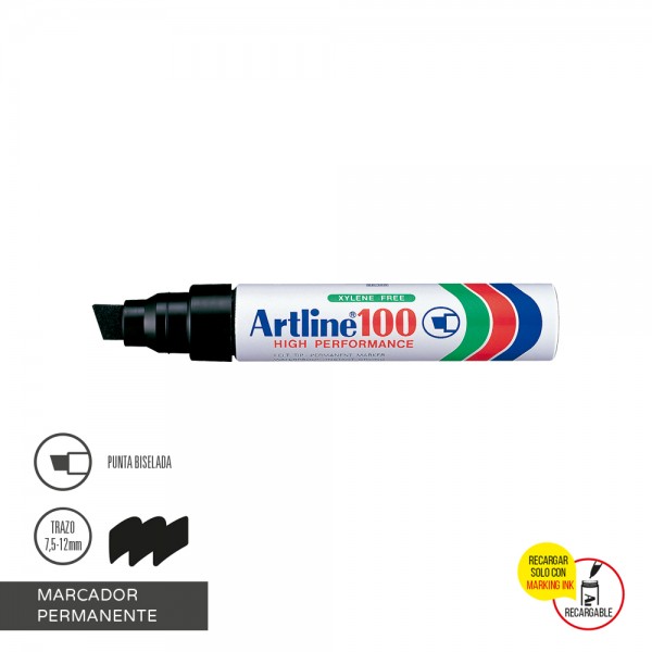 MARCADOR PERMANENTE RECARGABLE 100 PUNTA BISELADA NEGRO