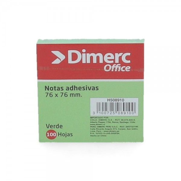 NOTA ADHESIVA 1 UN X 100 HOJAS 7.6 X 7.6 CM VERDE PASTEL 654 BLOCK