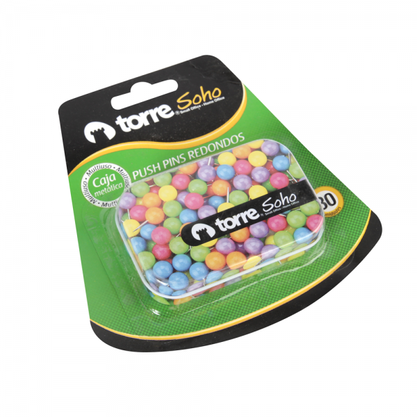 CHINCHE PUSH PIN REDONDO COLORES NEON CAJA METALICA 30 UN